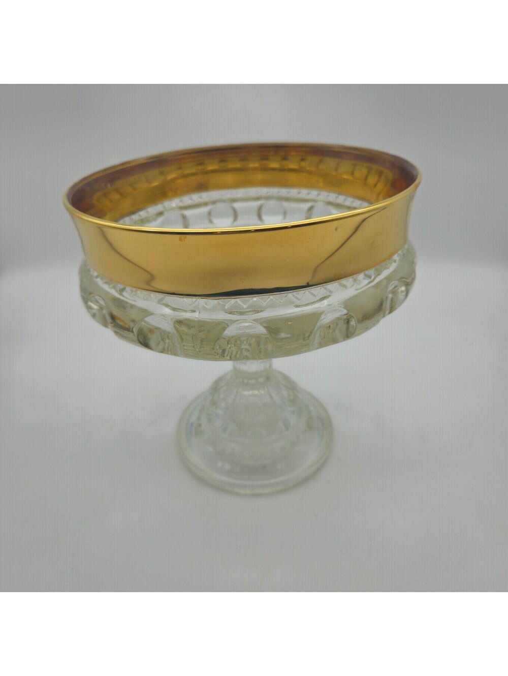 Vintage 1950's Kings Crown Gold Rim Thumbprint Pedestal Compote 7.25x7 Indiana